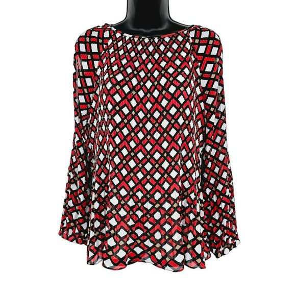 Chicos Top Geometric Patterned Cold Shoulder 1 M 8 Red Black Sheer Raglan Sleeve - Picture 15 of 16